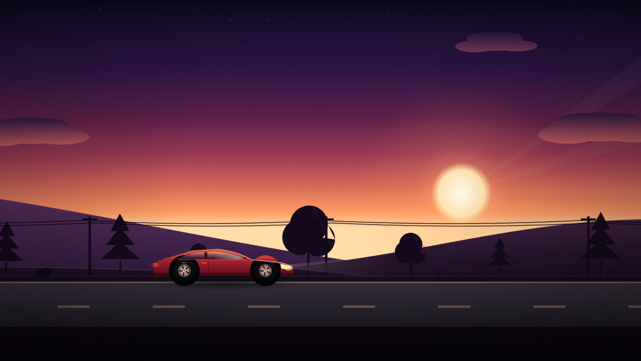 Kimi-K3 UD-IQ2_XXS: sunset scene, red coupe with a headlight beam under power lines, the sun low between hills