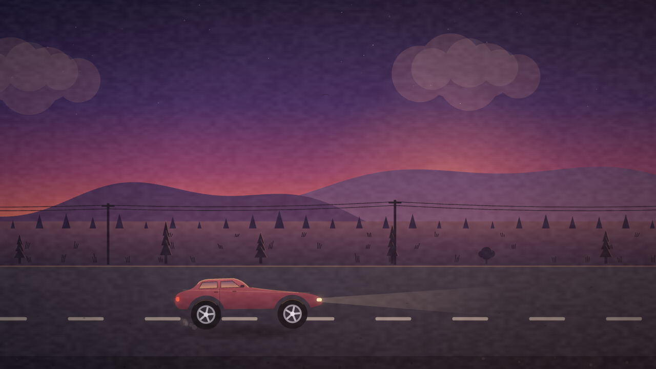 Kimi-K3 UD-Q2_K_XL: film-grain dusk scene, red sedan with a headlight cone, telegraph poles, layered hills and clouds