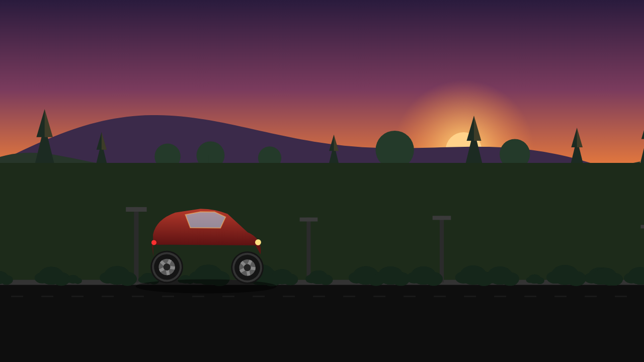 layer-shed 0.10 with miss-shed 0.90 at temperature 0.6: layered sunset scene with a red car, lampposts, treeline, and the sun setting behind the hills