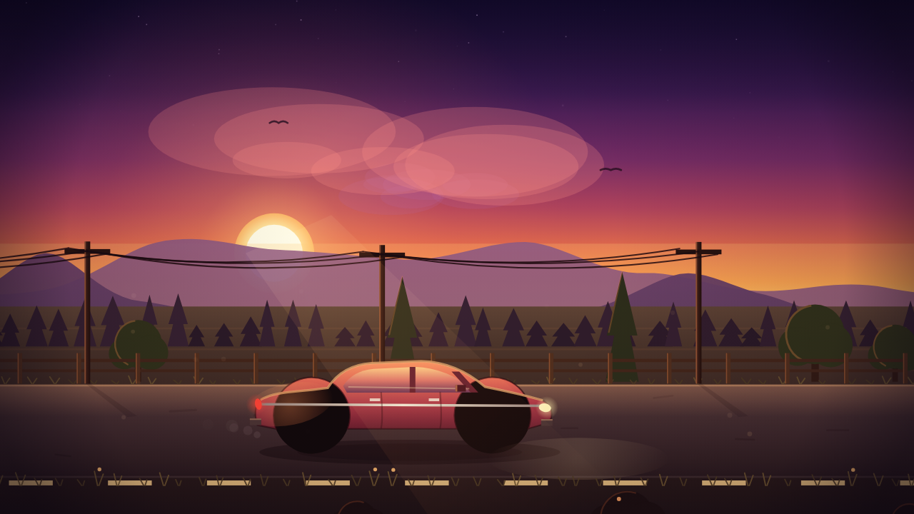 miss-shed 0.65 with keeper prestage: vivid layered sunset with poles, fence and birds, red car with oversized featureless black wheels and a light streak across the body