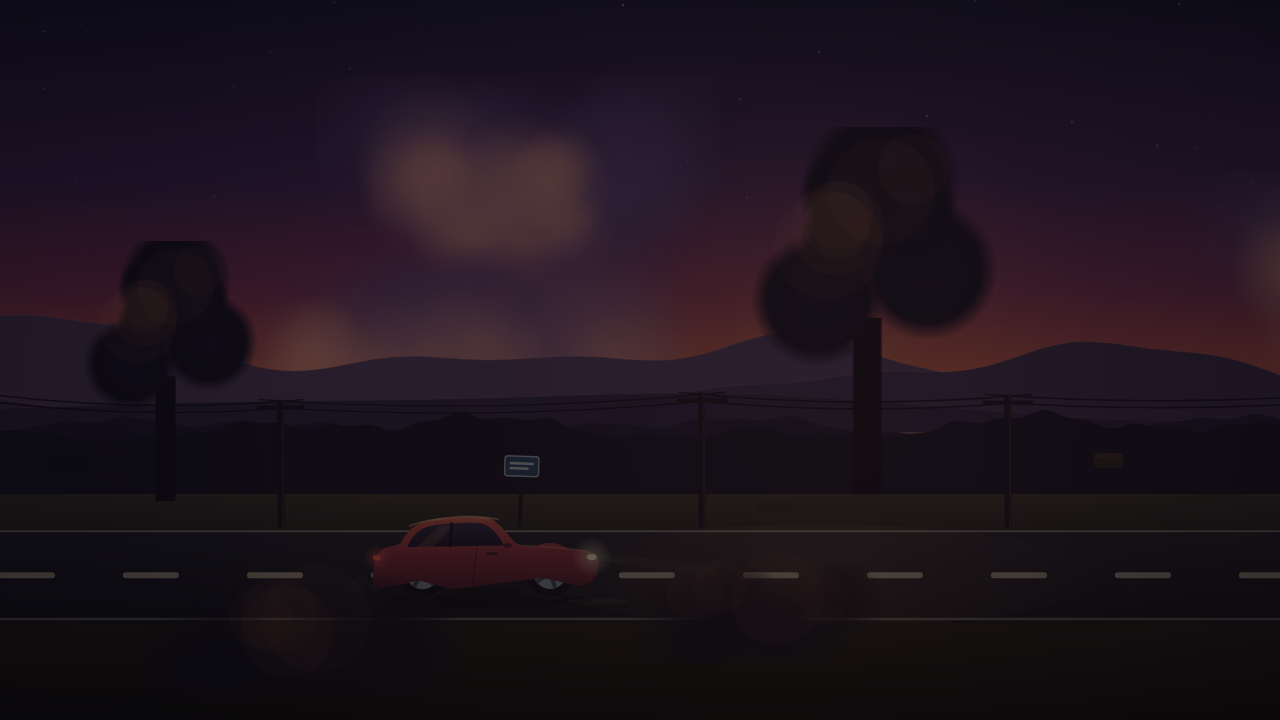 miss-shed 0.70 with keeper prestage: complete but very dark dusk scene, red car with headlights on a dim road, foreground trees as blurred dark shapes
